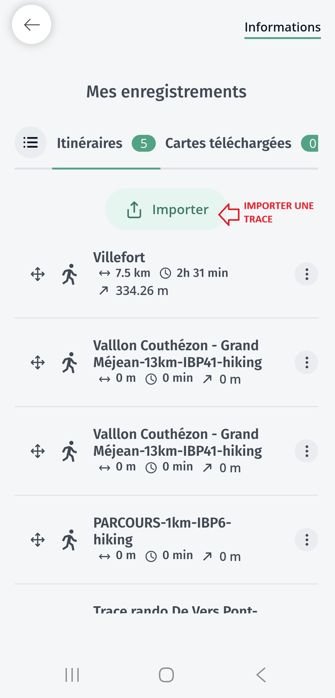 Importer une trrace sur l'appli